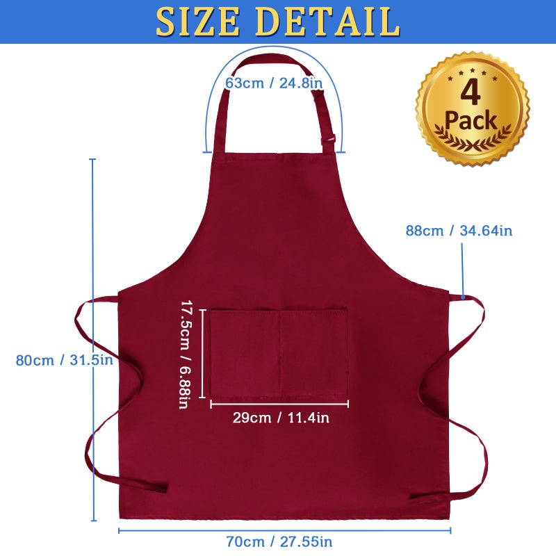 FunChaos 4 Pack Chef Apron, Adjustable Apron with 2 Pockets, Unisex Personalised Apron for Cooking, Kitchen, Restaurant (Deep Red) - Image 2